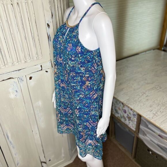 As U Wish Blue Green Geometric Halter Neck Metal Detail Shift Dress Size Small - Picture 5 of 15